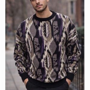 Vintage Bellagio cotton Men's Patterned Sweater - Black, Gray, Purple